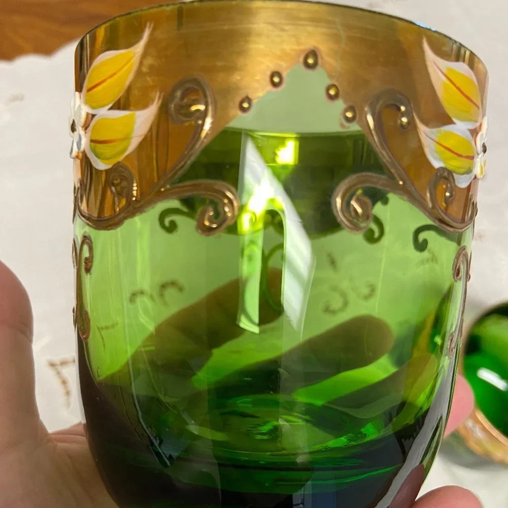 5 VTG Moser Czech Glass Whiskey Green Gold Gilt Enamel Bohemian